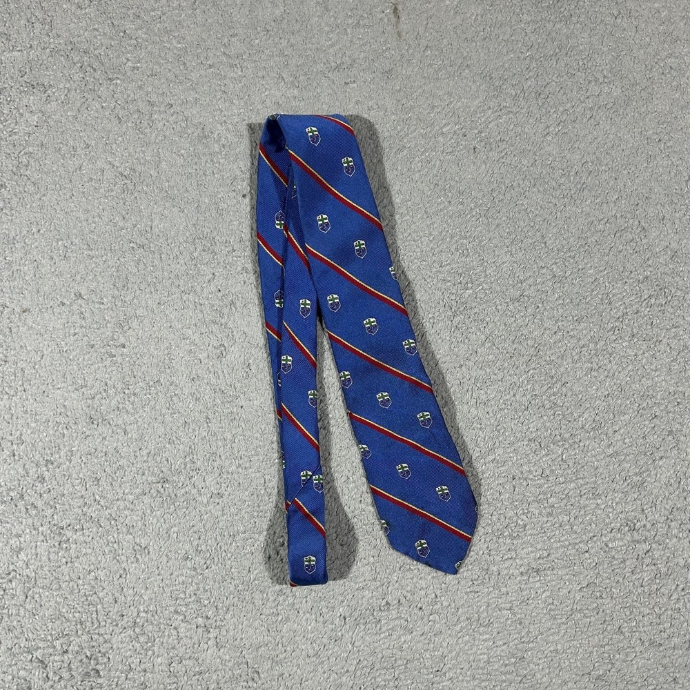 Vintage Polo Ralph Lauren Mens Blue Silk Necktie Red Stripes Heraldic Crests
